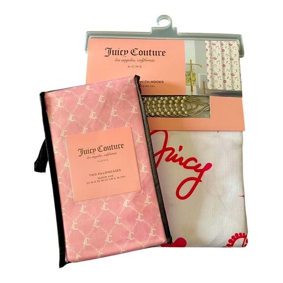 NWT-JUICY COUTURE-SHOWER CURTAIN AND HOOKS AND TWO QUEEN PILLOW CASES - Picture 1 of 8
